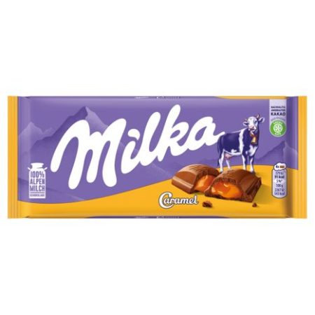 Milka alpesi tej felhasználásával készült tejcsokoládé karamellás töltelékkel