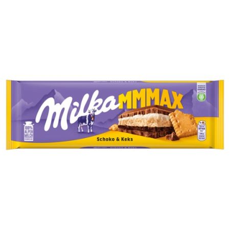 Milka Mmmax alpesi tejcsokoládé kakaós-tejes krémtöltelékkel és keksszel töltve